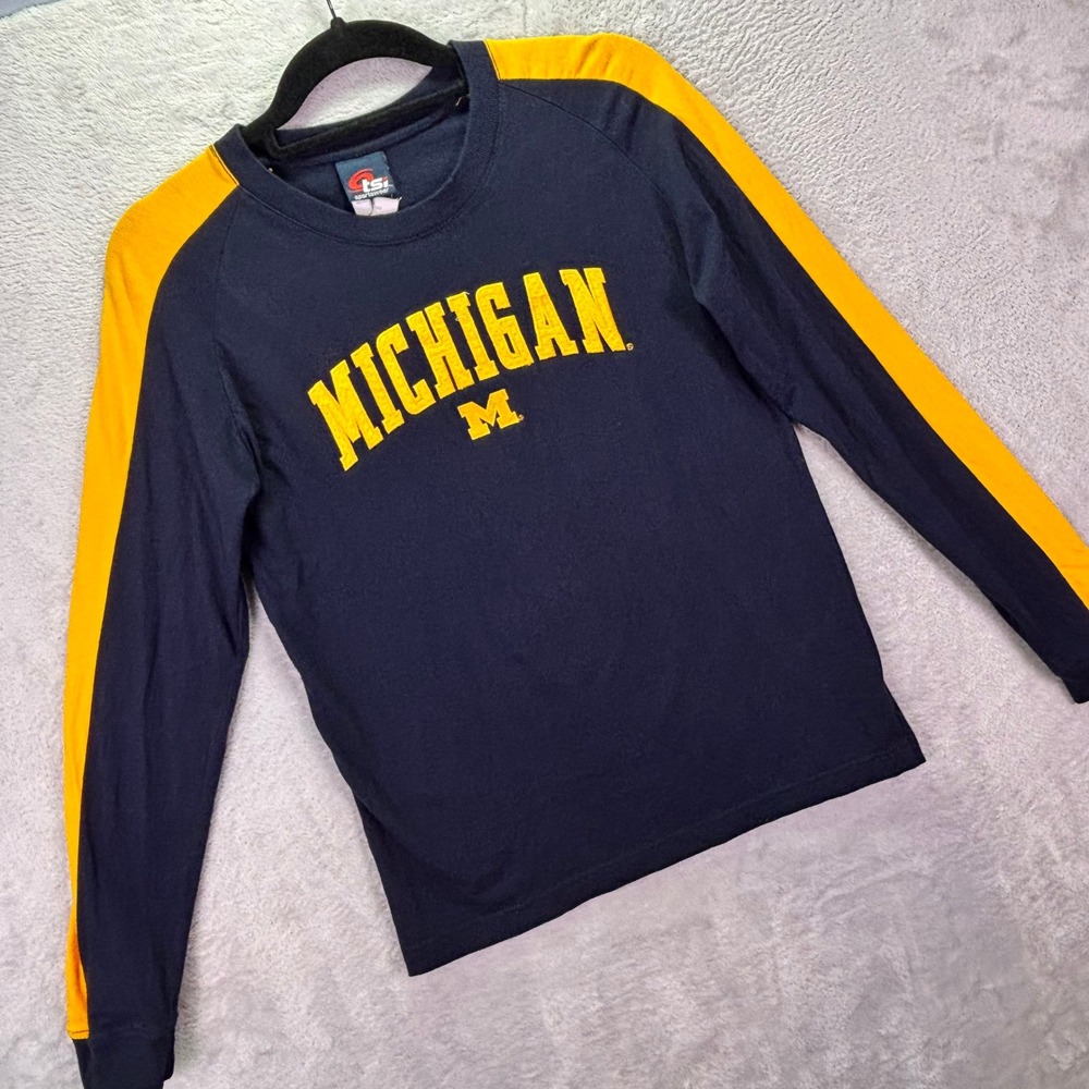 TSI Sportswear Youth Sz L Michigan Long Sleeve Navy Blue Embroidered Raglan Tee